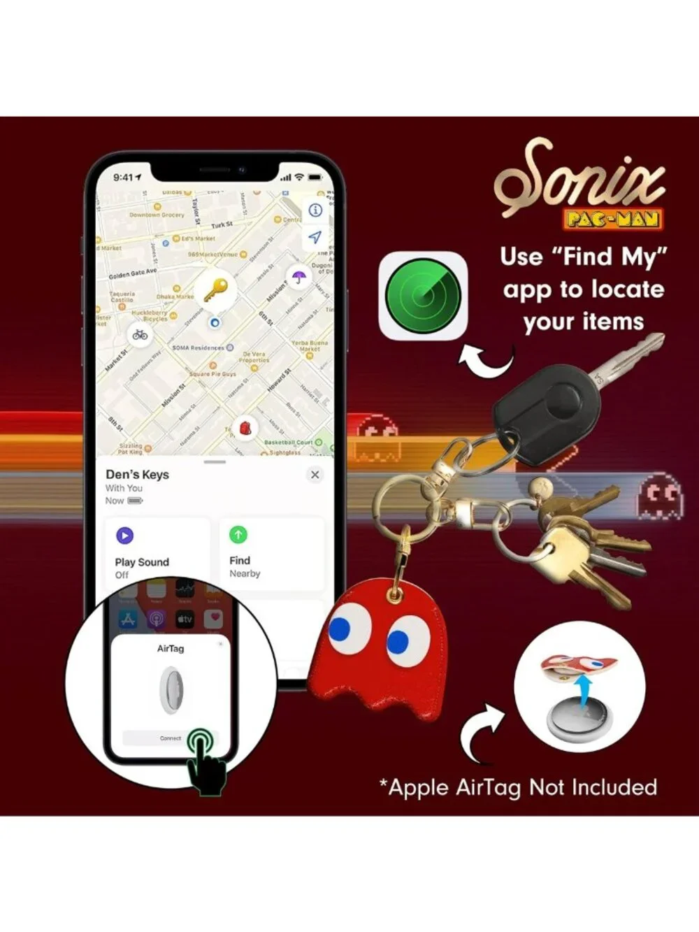 Protective Keychain Case for Apple AirTag | Classic Pac-Man Blinky Charm Cover